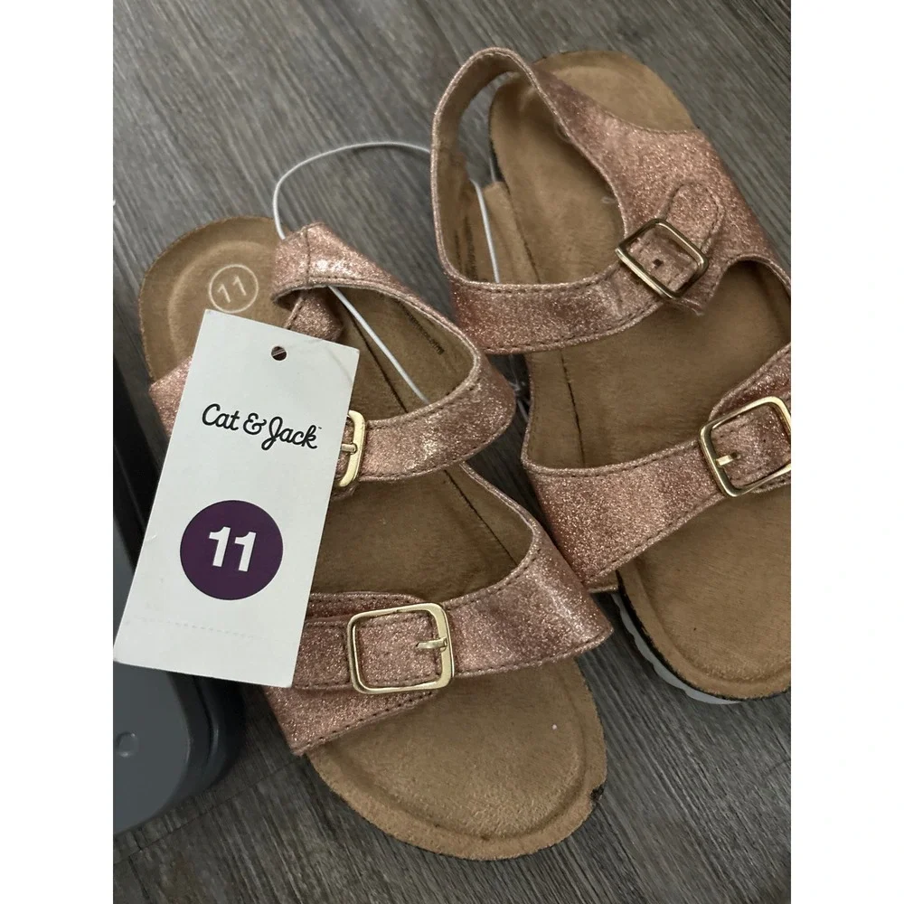 Cat & Jack Rose Gold Glitter Double Buckle Footbed Sandals Girls Size 11 NWT